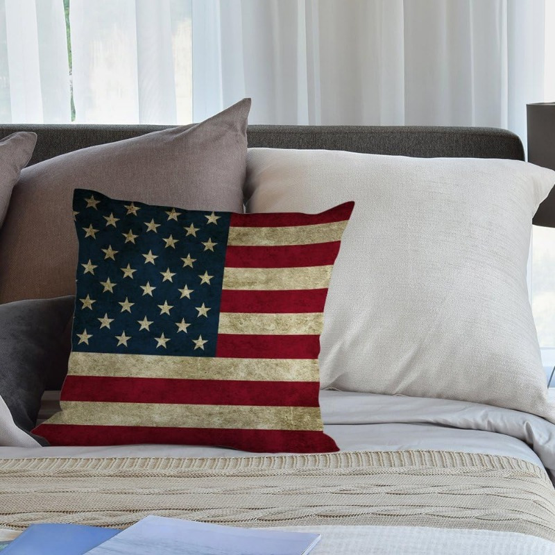 Quality Home Textiles - 빈티지 미국 국기 리넨 베개 커버,