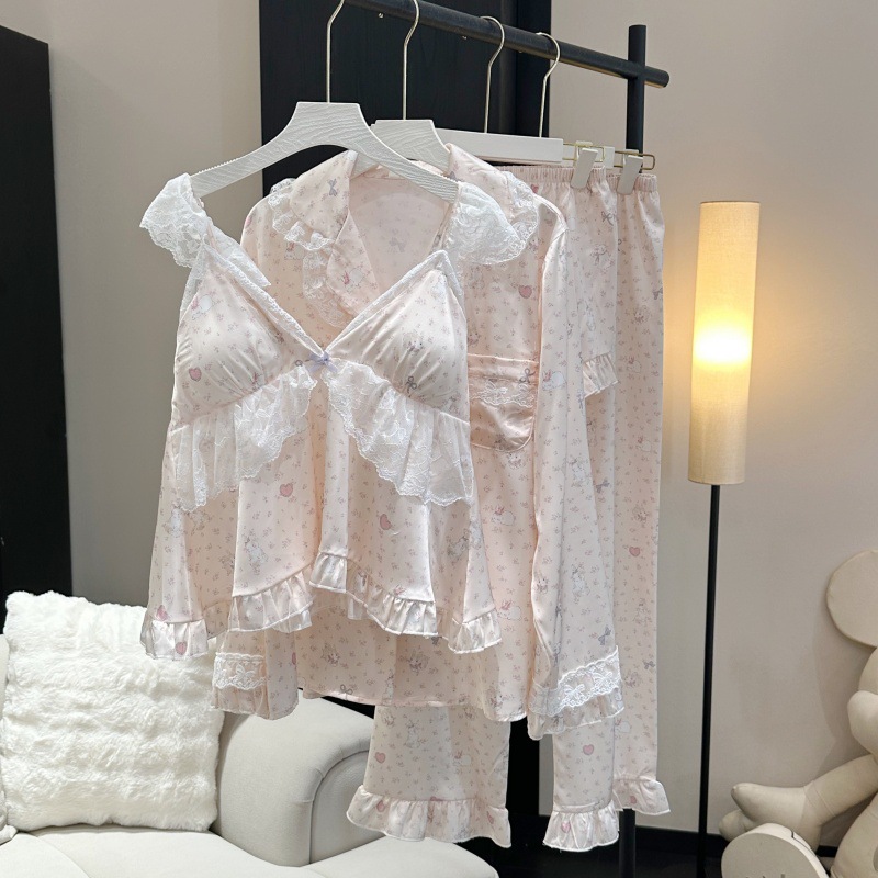 Home Textiles Store - 핑크 잠옷 세트, 달콤한 레이스 러플