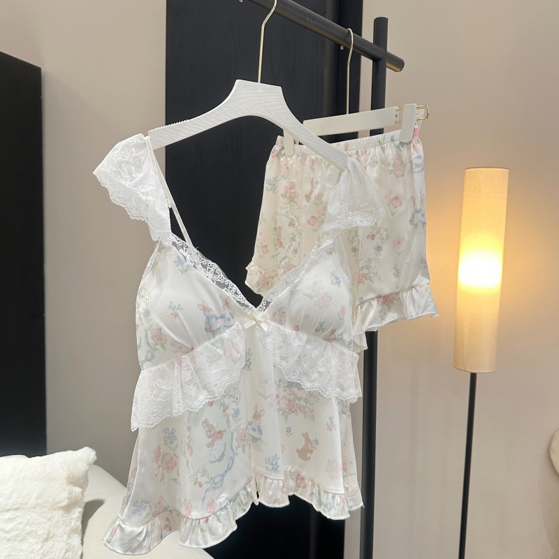 핑크 잠옷 세트, 달콤한 레이스 러플 캐미탑 반바지 4 - Home Textiles Store 리뷰 및 가격